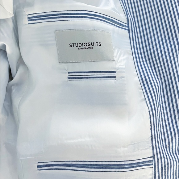 Studio Suits 44L Handcrafted Caccioppoli Seersucker Blazer Blue White Stripe NEW - Picture 5 of 10
